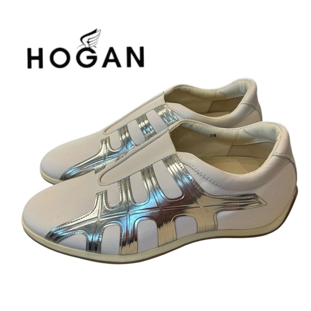 NEW HOGAN Women's Italy Side Web Pull On Canvas Leather White Sneakers 39 9